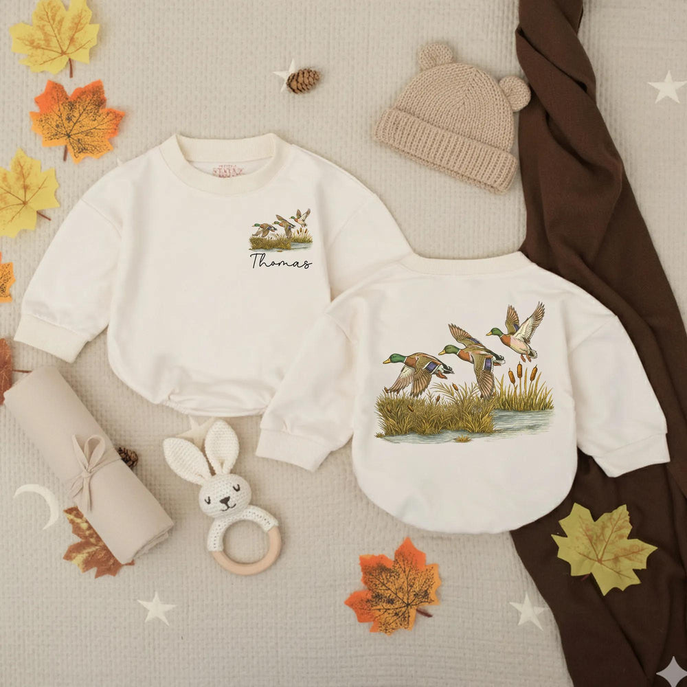 Personalized Mallard Ducks Baby Romper with Name, Watercolor Nature Design, Soft Cotton Infant Outfit for Boys or Girls, Unique Baby Gift