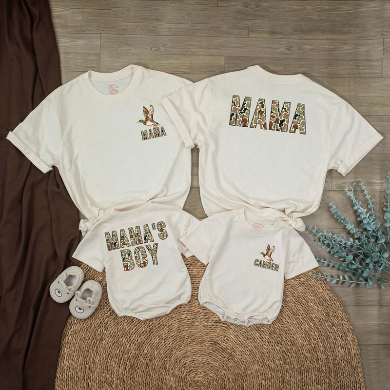 Personalized Mama and Boy Matching Camo Shirts with Mallard Duck Design, Custom Name Romper for Hunting Moms and Outdoor Family Outfits
