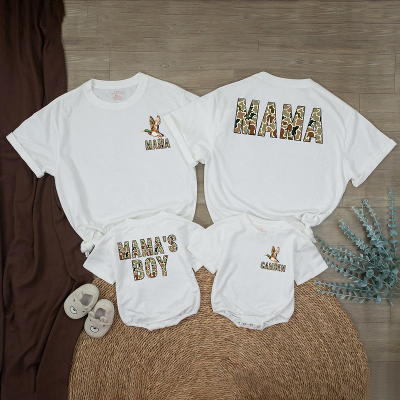 Personalized Mama and Boy Matching Camo Shirts with Mallard Duck Design, Custom Name Romper for Hunting Moms and Outdoor Family Outfits