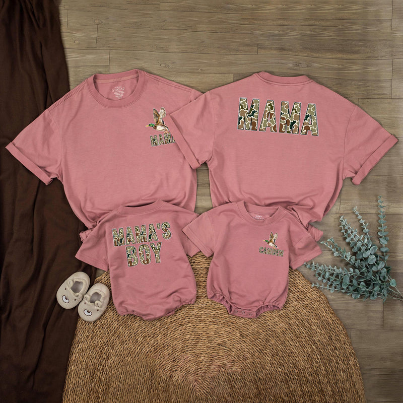 Personalized Mama and Boy Matching Camo Shirts with Mallard Duck Design, Custom Name Romper for Hunting Moms and Outdoor Family Outfits