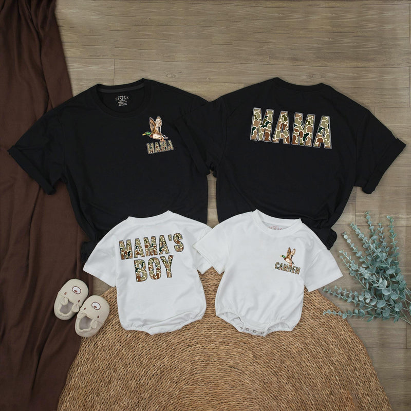 Personalized Mama and Boy Matching Camo Shirts with Mallard Duck Design, Custom Name Romper for Hunting Moms and Outdoor Family Outfits