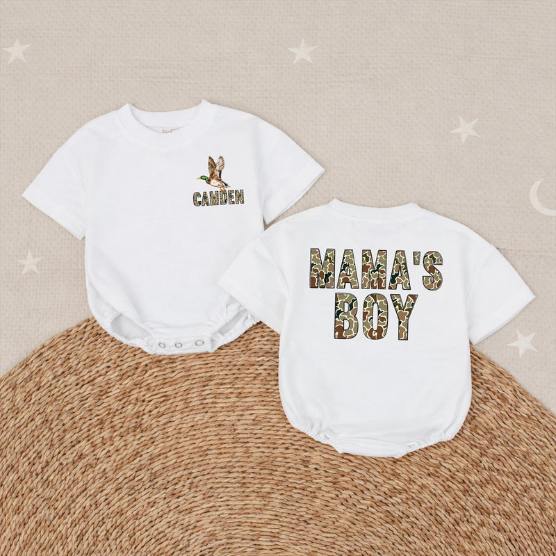 Personalized Mama and Boy Matching Camo Shirts with Mallard Duck Design, Custom Name Romper for Hunting Moms and Outdoor Family Outfits