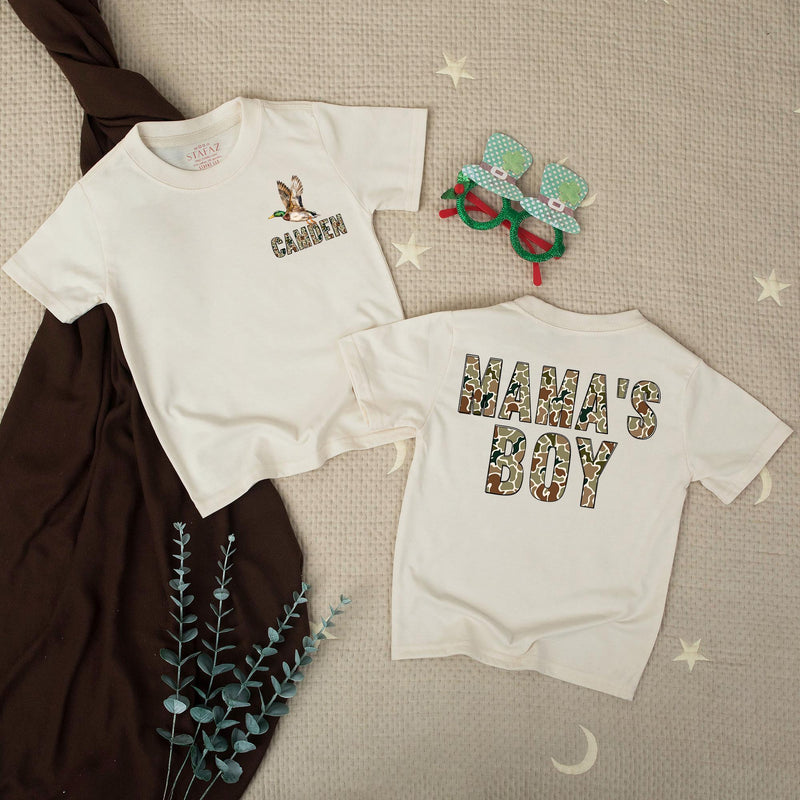 Personalized Mama and Boy Matching Camo Shirts with Mallard Duck Design, Custom Name Romper for Hunting Moms and Outdoor Family Outfits