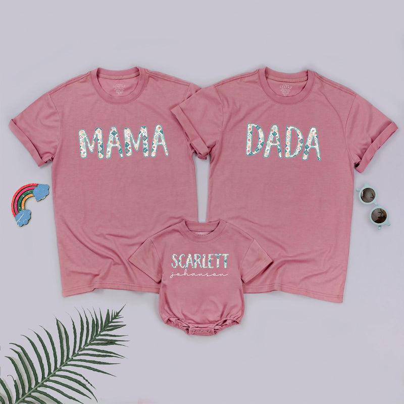 Personalized Mama Dada and Baby Scarlett Matching Floral Shirts, Custom Family Outfits, Soft Cotton Wildflower Tees for Photos or Gifts