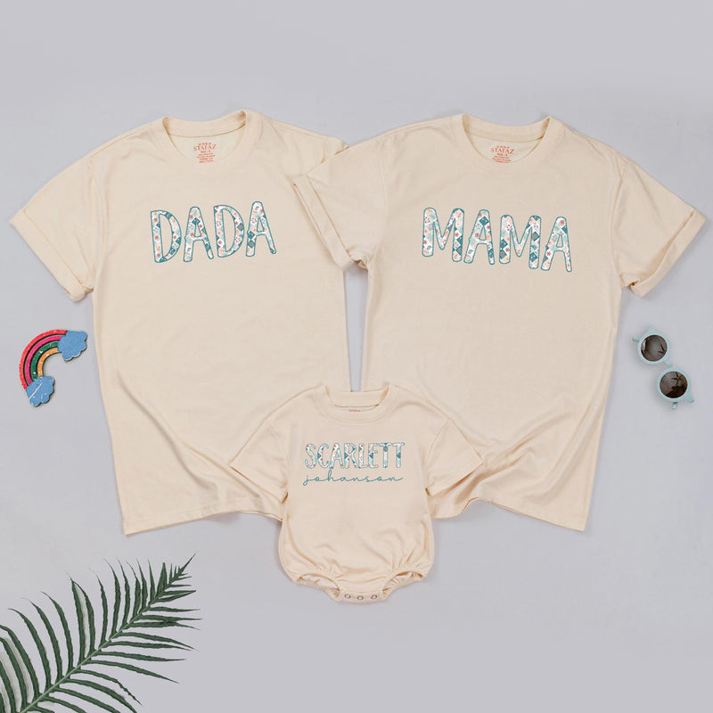 Personalized Mama Dada and Baby Scarlett Matching Floral Shirts, Custom Family Outfits, Soft Cotton Wildflower Tees for Photos or Gifts