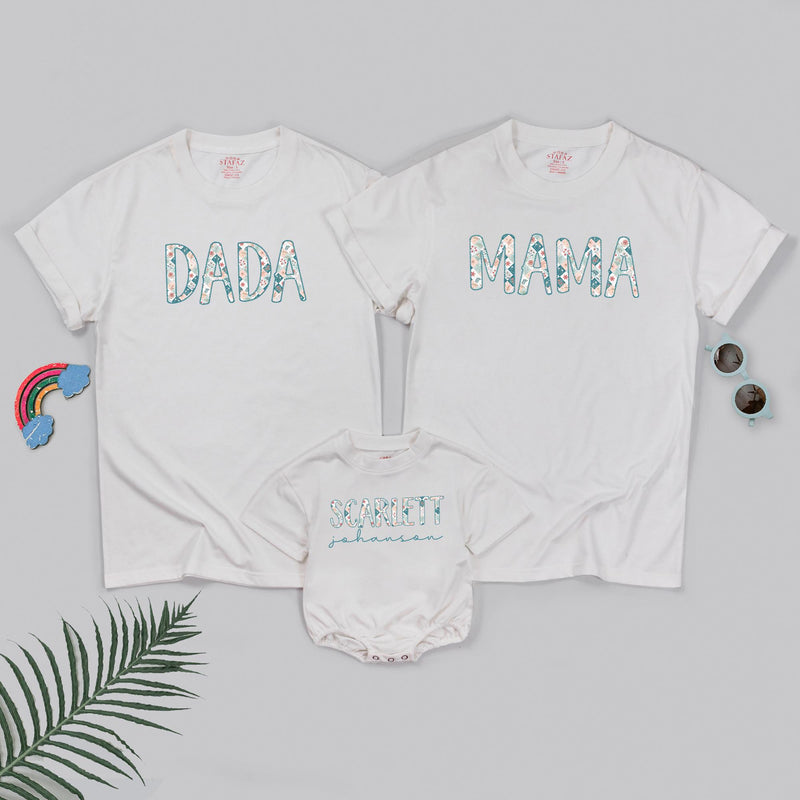 Personalized Mama Dada and Baby Scarlett Matching Floral Shirts, Custom Family Outfits, Soft Cotton Wildflower Tees for Photos or Gifts
