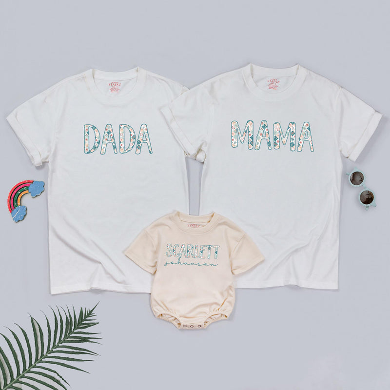 Personalized Mama Dada and Baby Scarlett Matching Floral Shirts, Custom Family Outfits, Soft Cotton Wildflower Tees for Photos or Gifts