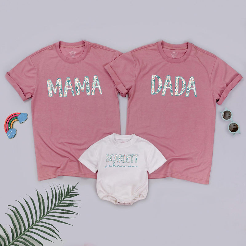 Personalized Mama Dada and Baby Scarlett Matching Floral Shirts, Custom Family Outfits, Soft Cotton Wildflower Tees for Photos or Gifts