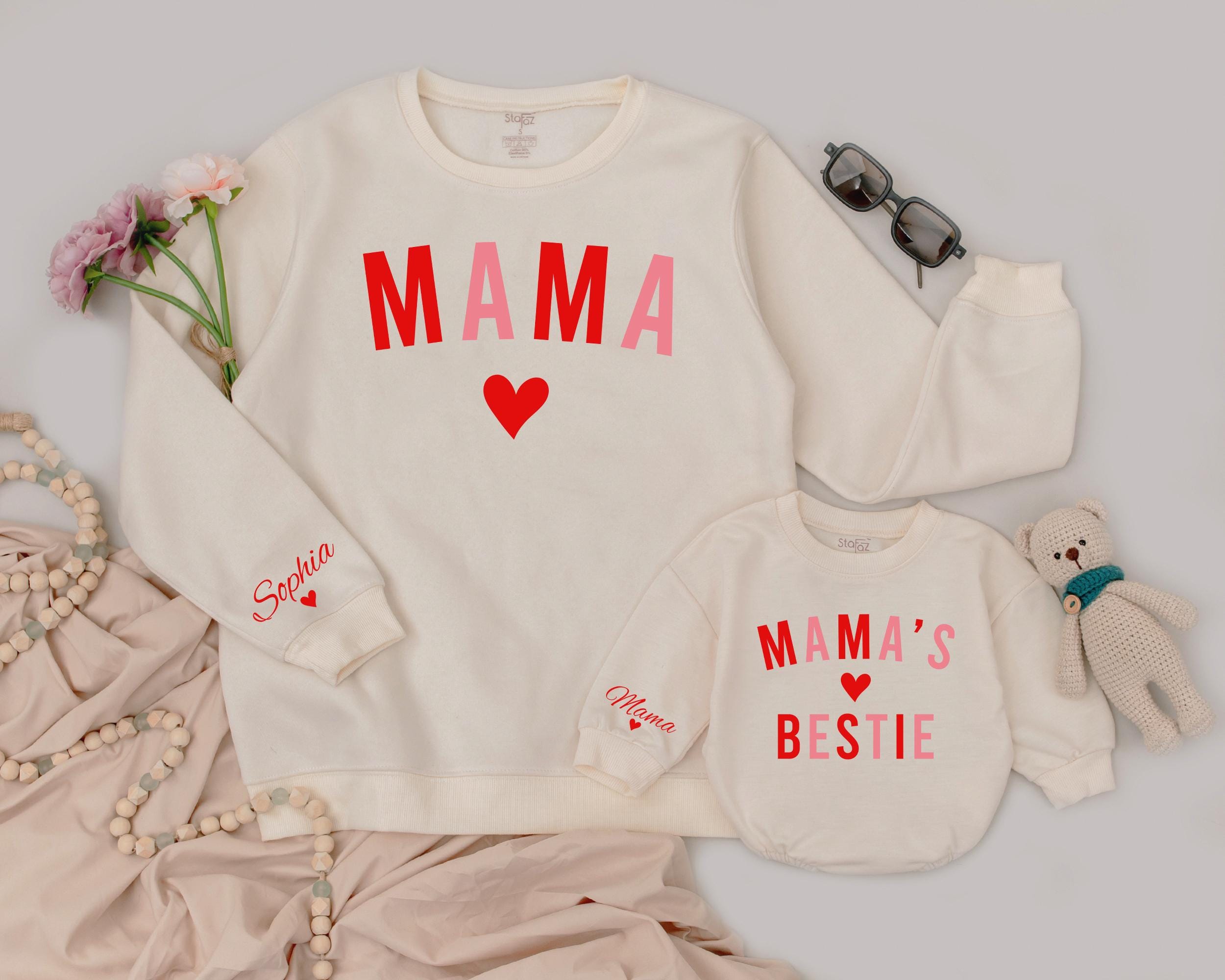Personalized Mama and Girl Sweatshirts with Heart Design Custom Names Valentine Gift Matching Mom Baby Outfit