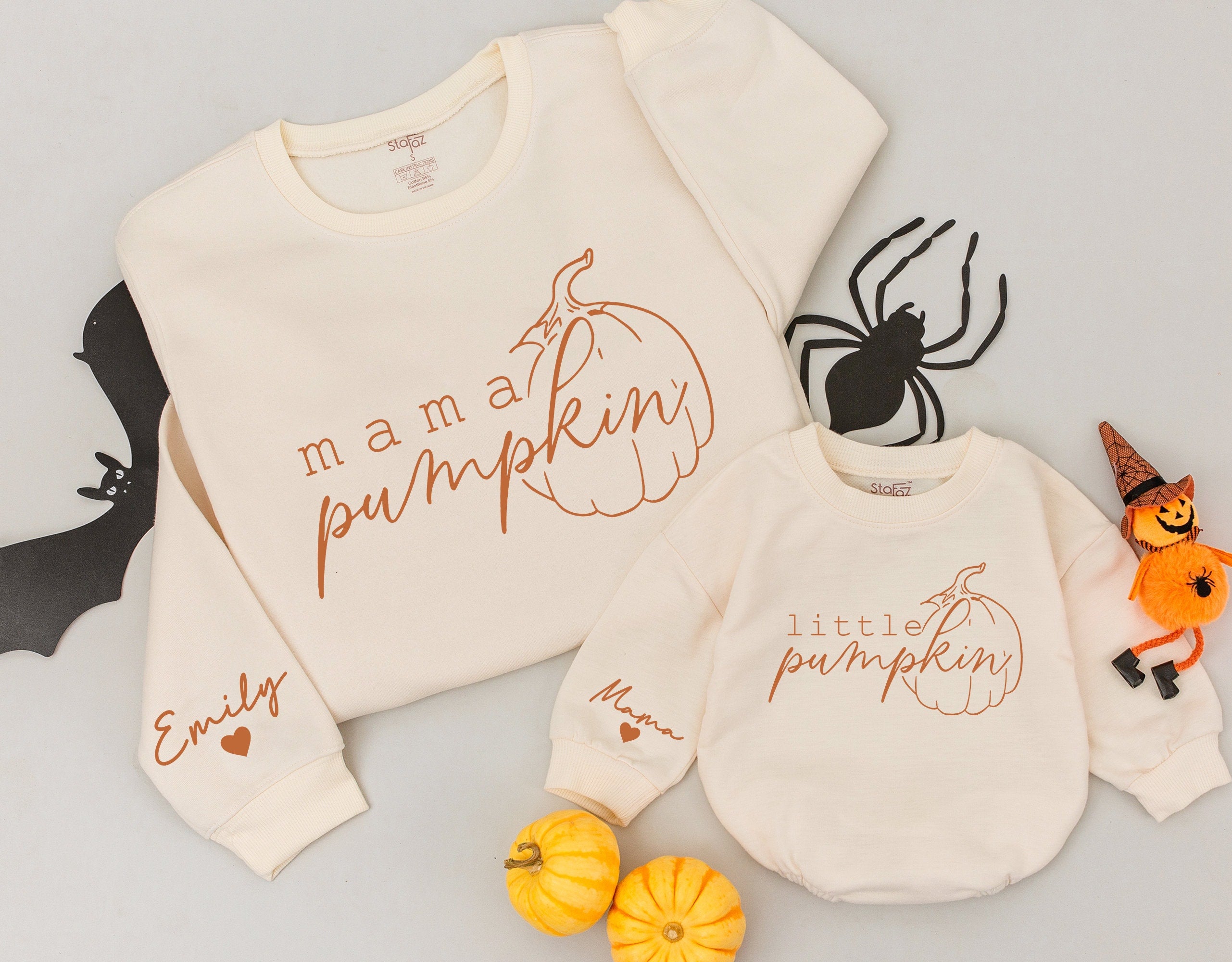 Personalized Mama and Little Pumpkin Fall Matching Outfits Cozy Family Sweatshirts and Baby Girl Romper Custom Name Autumn Gift