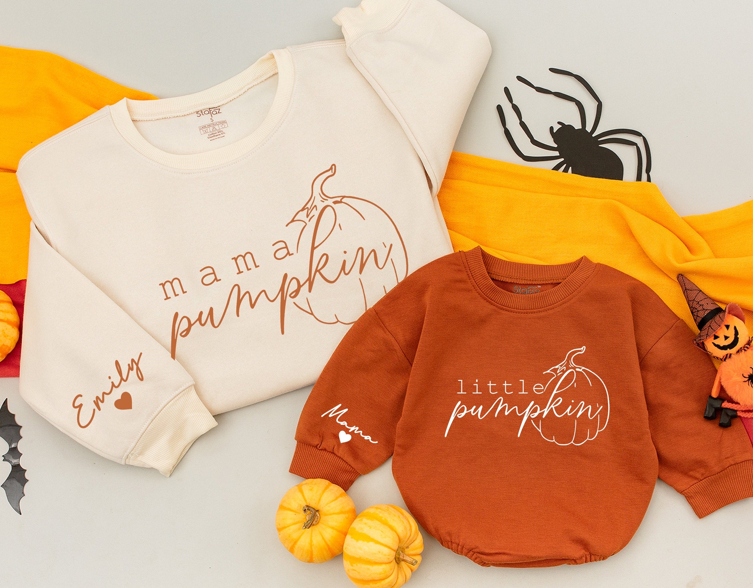 Personalized Mama and Little Pumpkin Fall Matching Outfits Cozy Family Sweatshirts and Baby Girl Romper Custom Name Autumn Gift