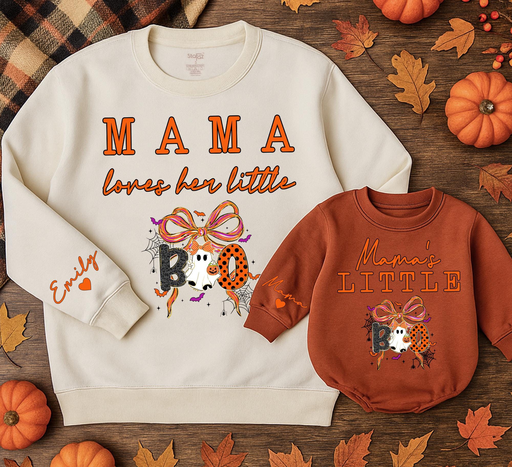 Personalized Mama Loves Her Little Boo Halloween Sweatshirts Custom Name Matching Family Fall Outfits Soft Cotton Toddler Gift