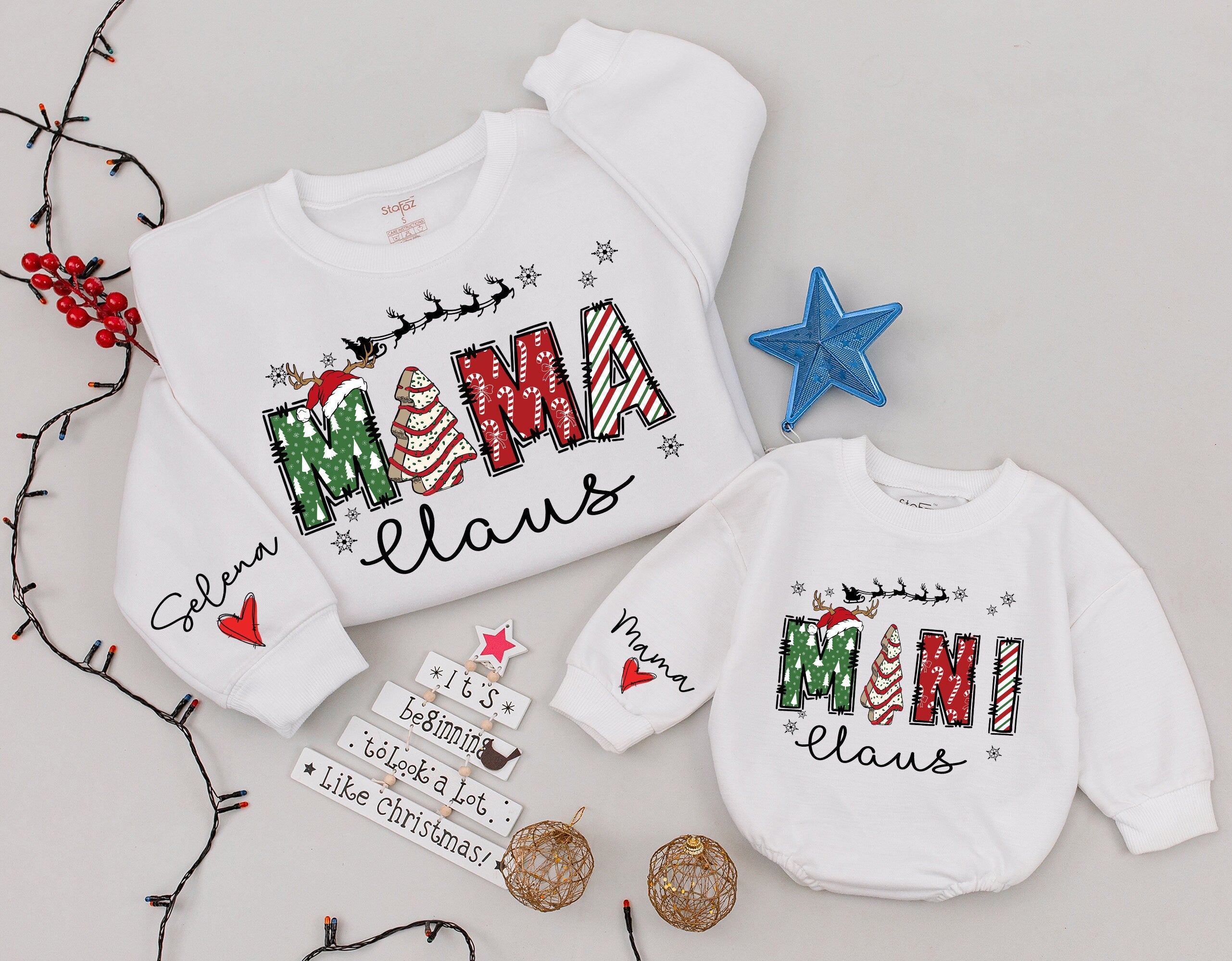 Personalized Mama and Mini Claus Christmas Matching Family Sweatshirts Festive Candy Cane Stripes Custom Name Holiday Gift for Mom and Baby
