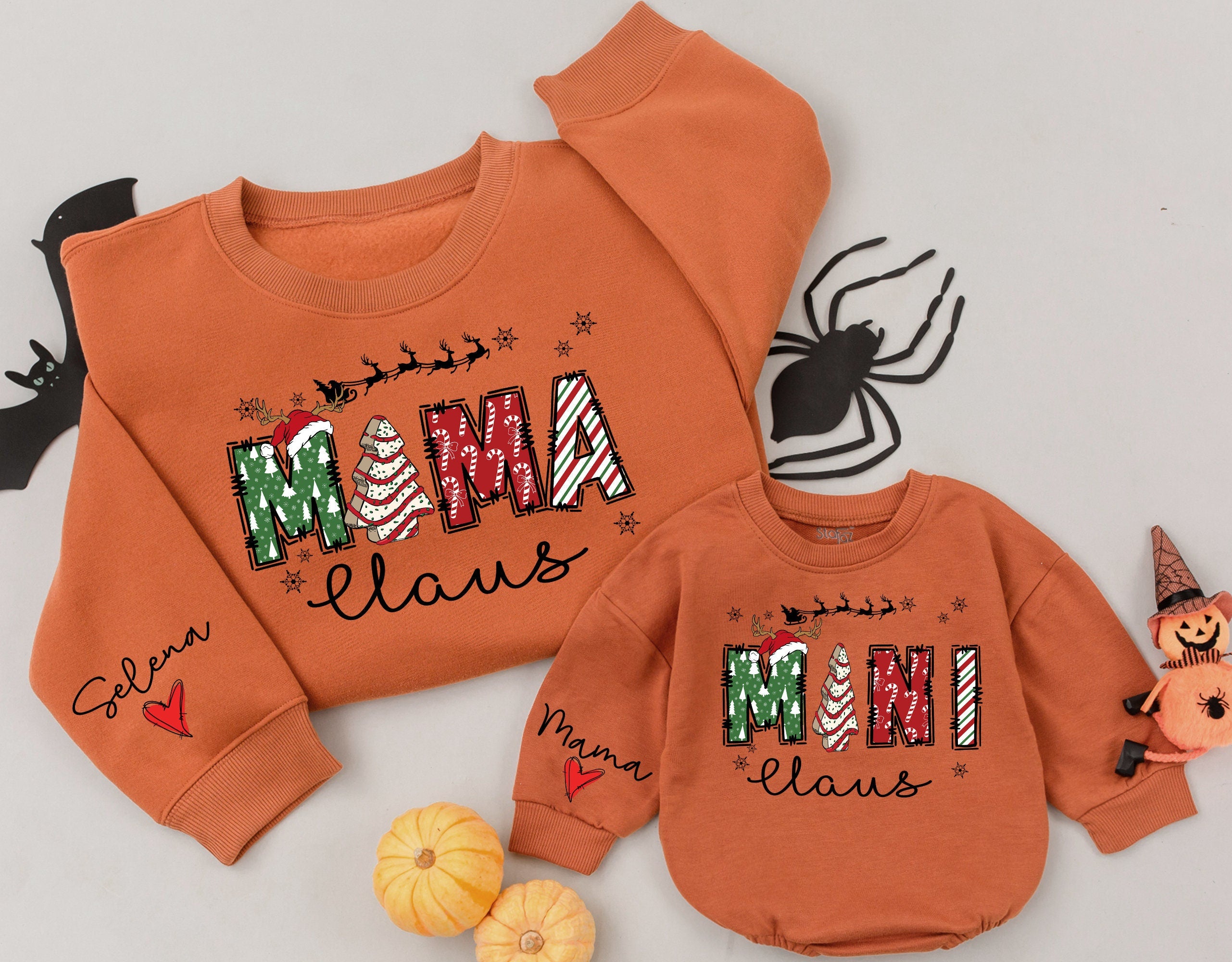 Personalized Mama and Mini Claus Christmas Matching Family Sweatshirts Festive Candy Cane Stripes Custom Name Holiday Gift for Mom and Baby