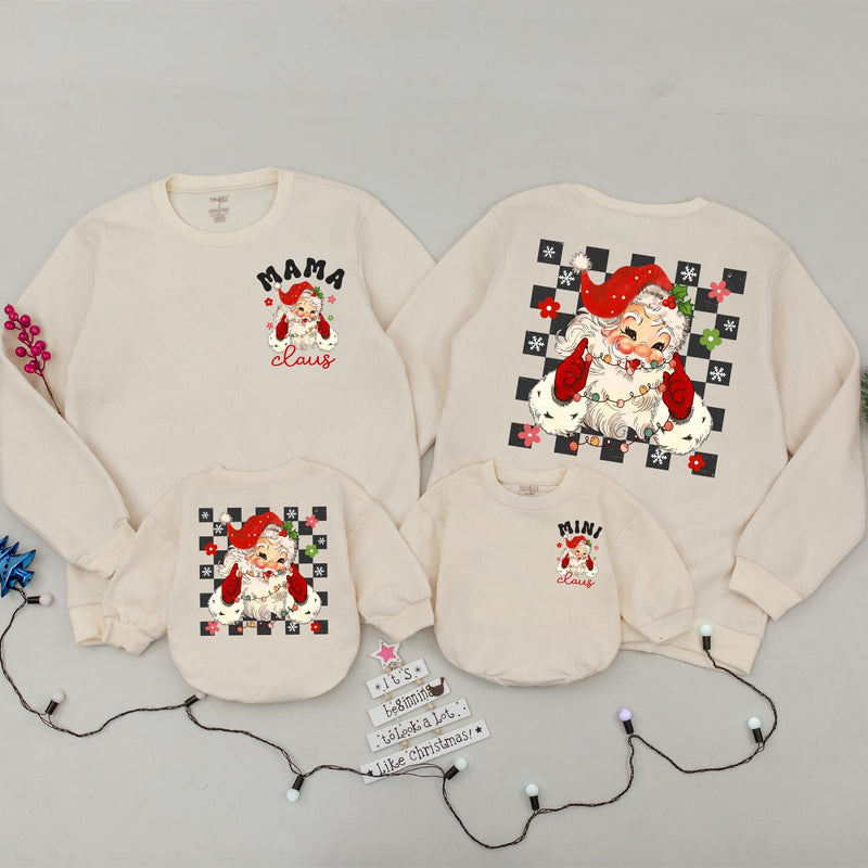 Personalized Mama and Mini Claus Matching Christmas Sweatshirts with Retro Santa Artwork, Family Holiday Outfits, Soft Cotton Mom and Baby Gift