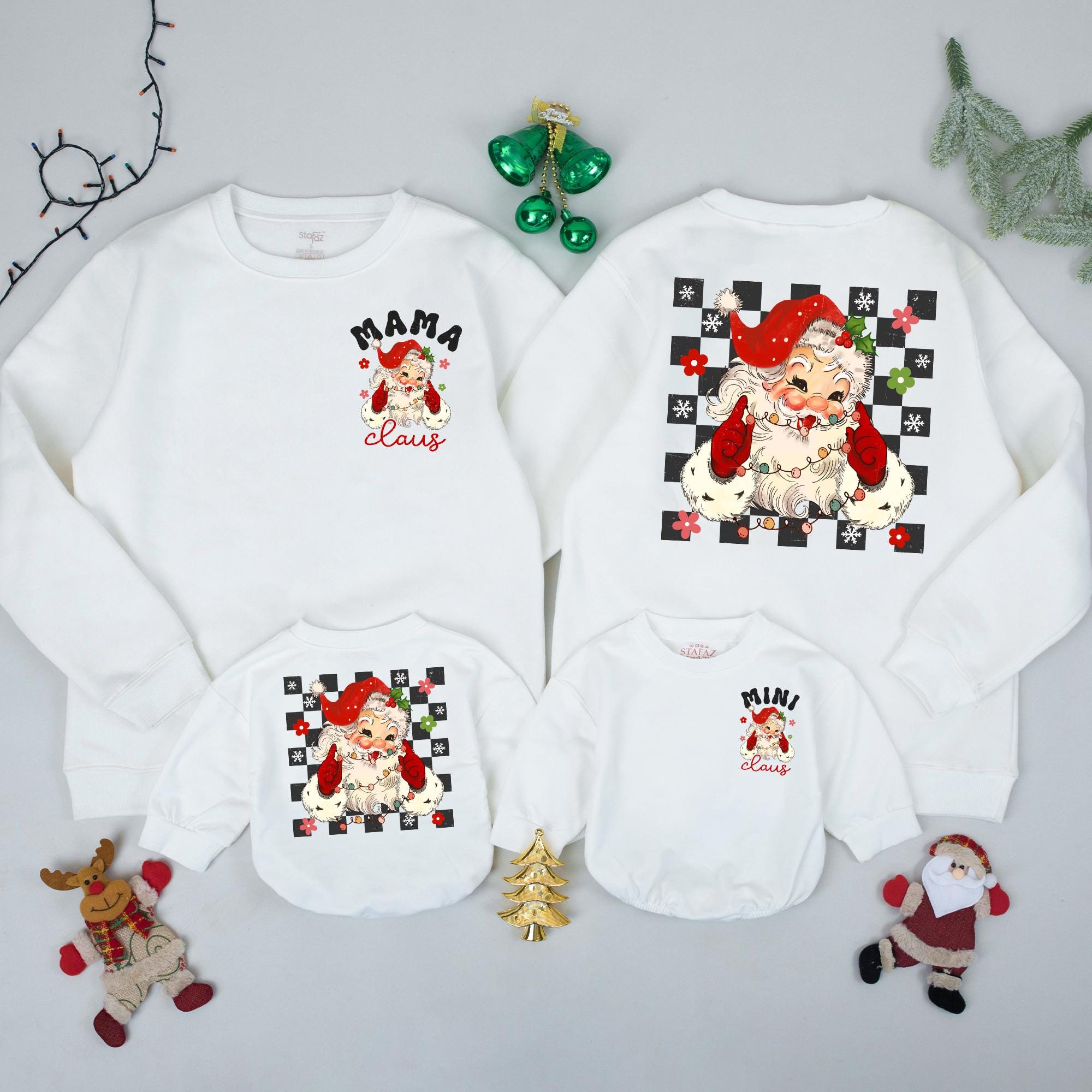 Personalized Mama and Mini Claus Matching Christmas Sweatshirts with Retro Santa Artwork, Family Holiday Outfits, Soft Cotton Mom and Baby Gift