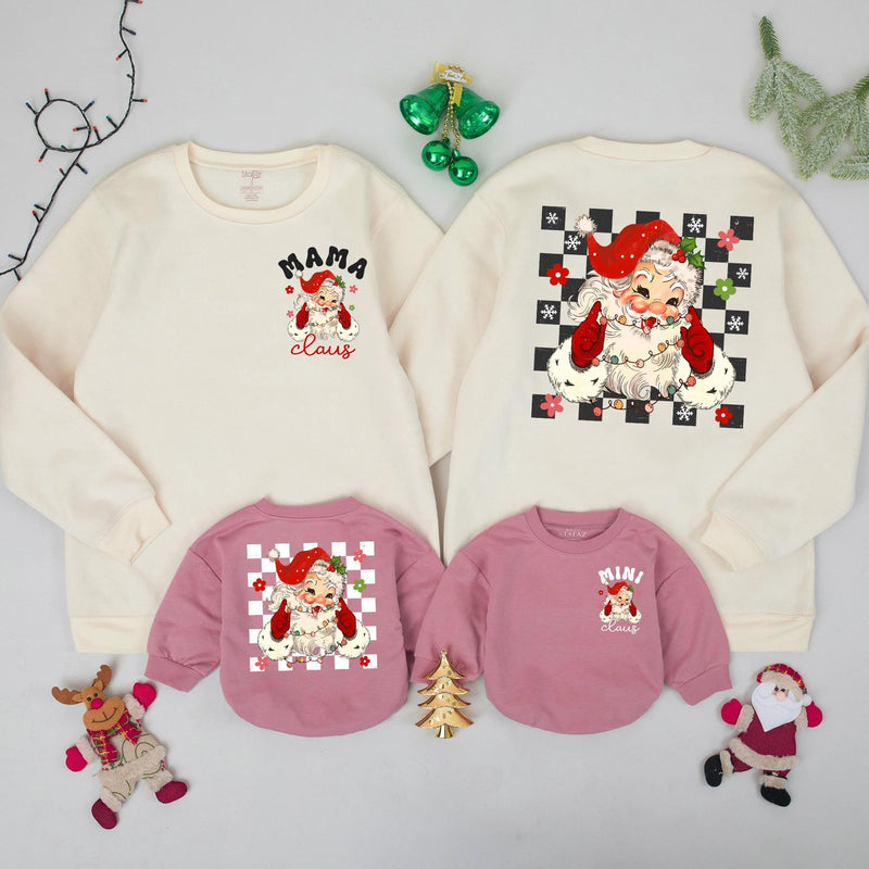 Personalized Mama and Mini Claus Matching Christmas Sweatshirts with Retro Santa Artwork, Family Holiday Outfits, Soft Cotton Mom and Baby Gift