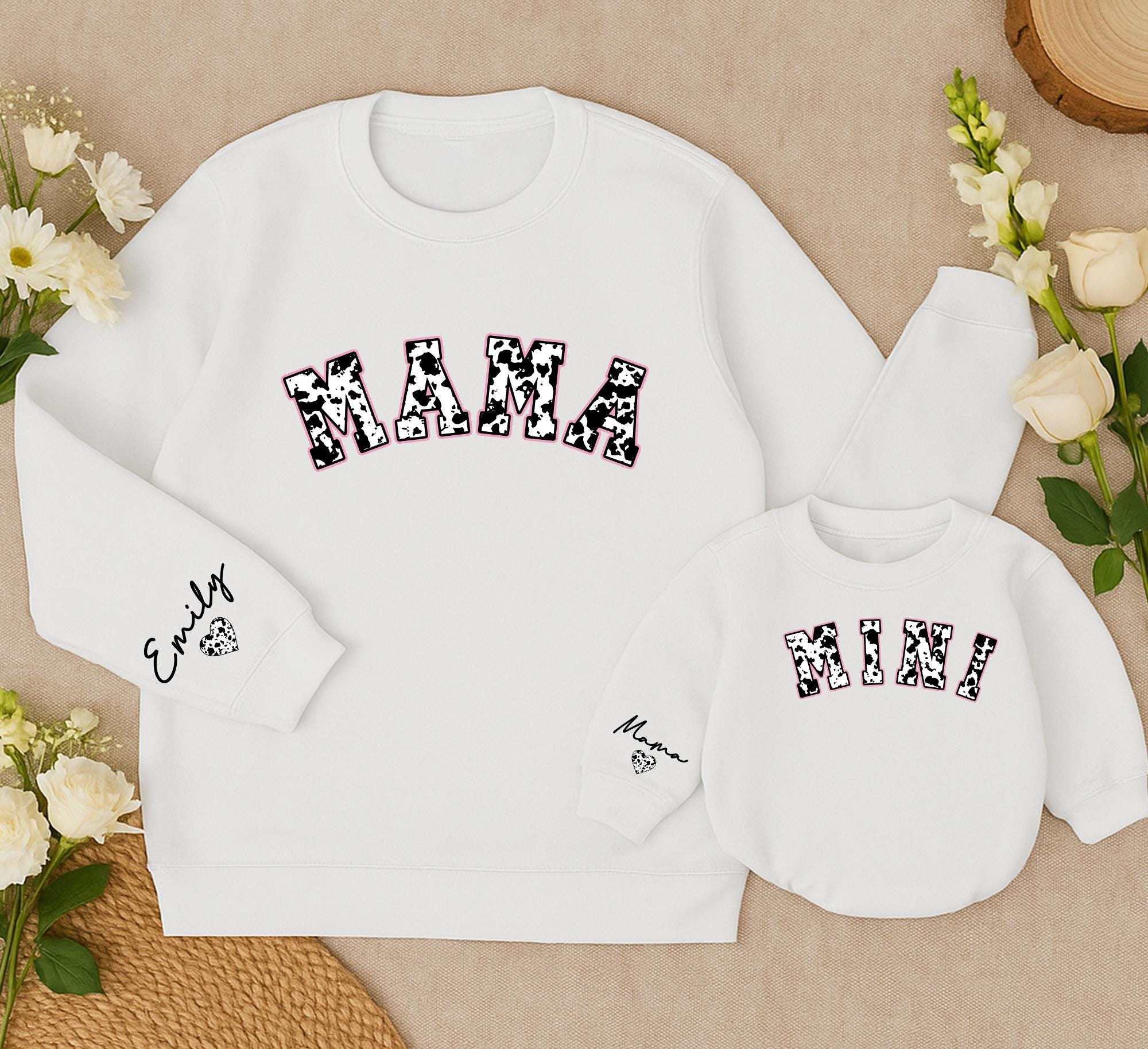 Personalized Mama and Mini Cowhide Sweatshirt Set Custom Names Western Family Outfit for Mom Baby Girl Christmas Country Style
