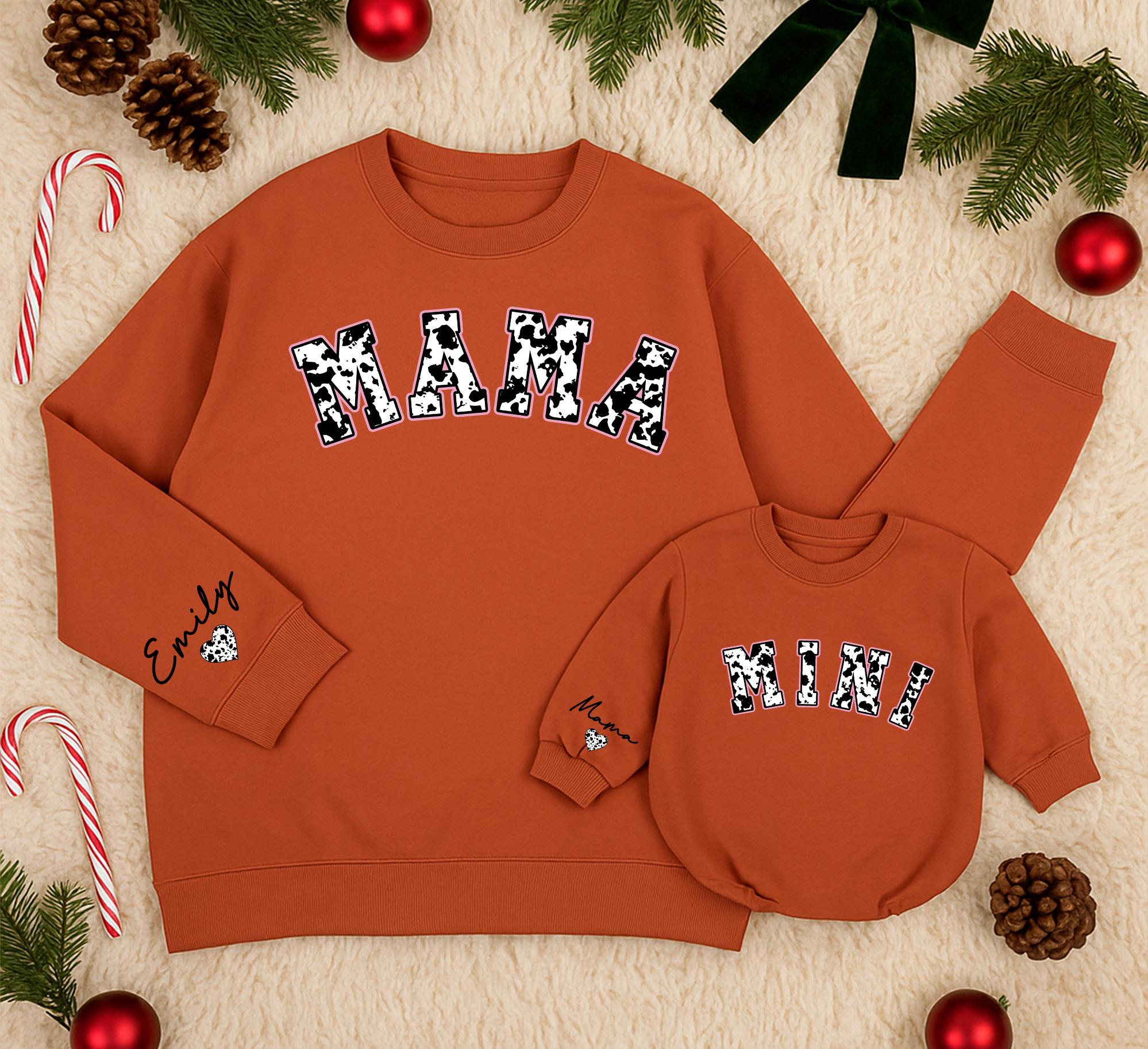 Personalized Mama and Mini Cowhide Sweatshirt Set Custom Names Western Family Outfit for Mom Baby Girl Christmas Country Style