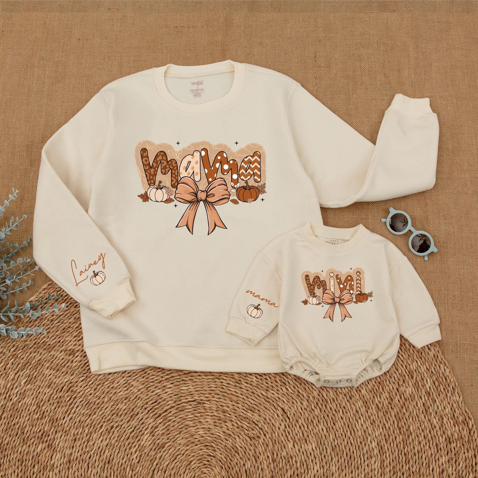 Personalized Mama and Mini Fall Pumpkin Sweatshirts Soft Peach Bow Thanksgiving Outfit Cozy Family Matching Mom Baby Gift