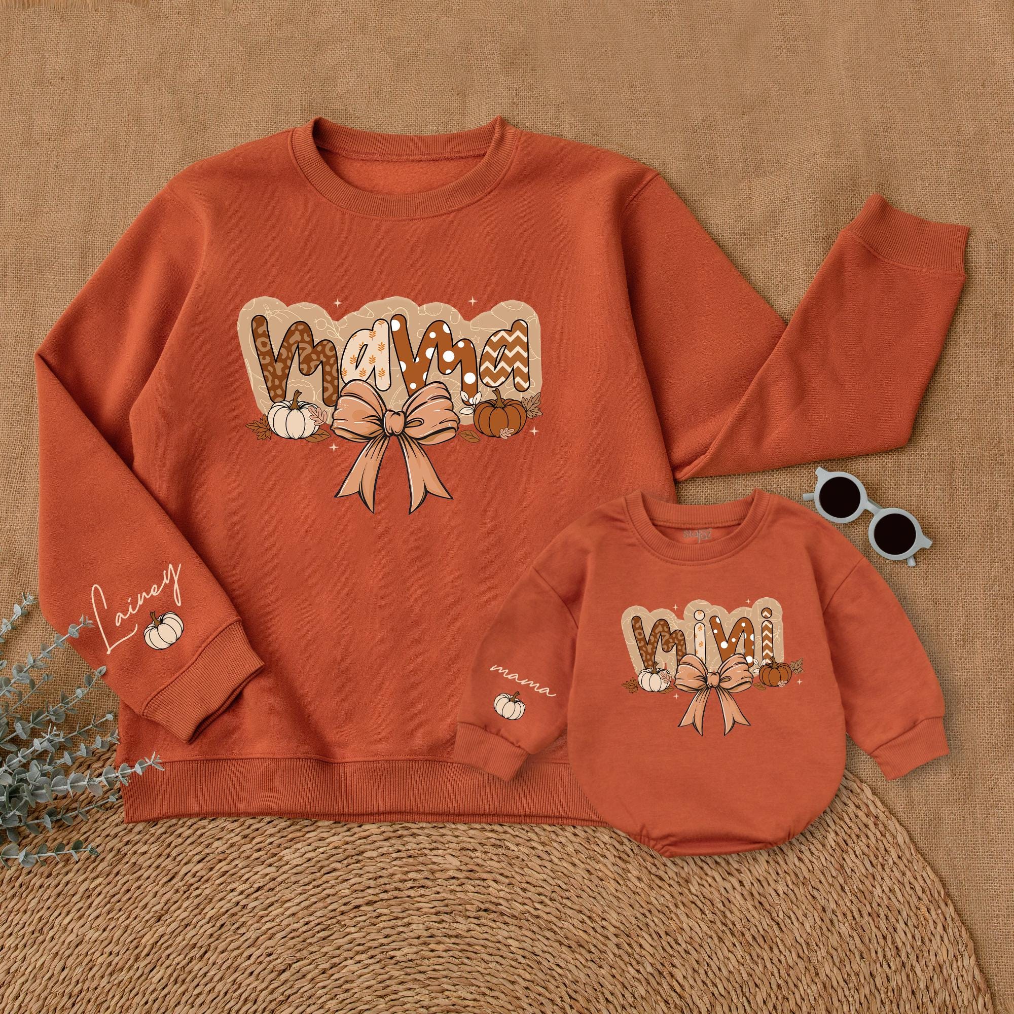 Personalized Mama and Mini Fall Pumpkin Sweatshirts Soft Peach Bow Thanksgiving Outfit Cozy Family Matching Mom Baby Gift
