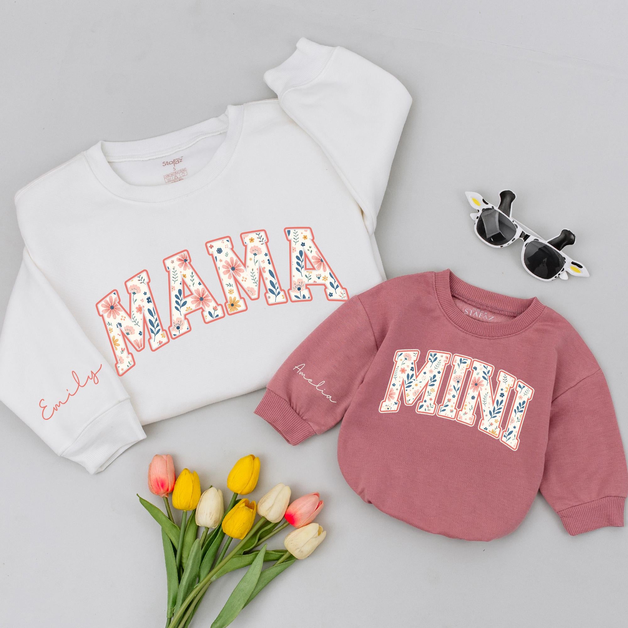 Personalized Mama and Mini Matching Outfits Floral Block Letters Mommy and Me Sweatshirt and Shirt Set Custom Names Whimsical Gift