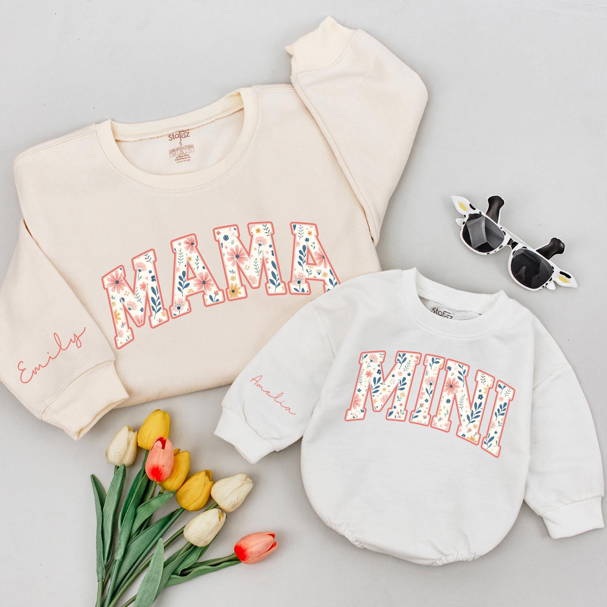Personalized Mama and Mini Matching Outfits Floral Block Letters Mommy and Me Sweatshirt and Shirt Set Custom Names Whimsical Gift
