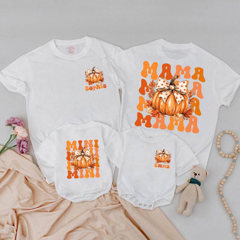 Personalized Mama and Mini Matching Pumpkin Shirts, Retro Fall Family Outfits, Soft Cotton Mommy and Me Thanksgiving Tees or Bodysuits