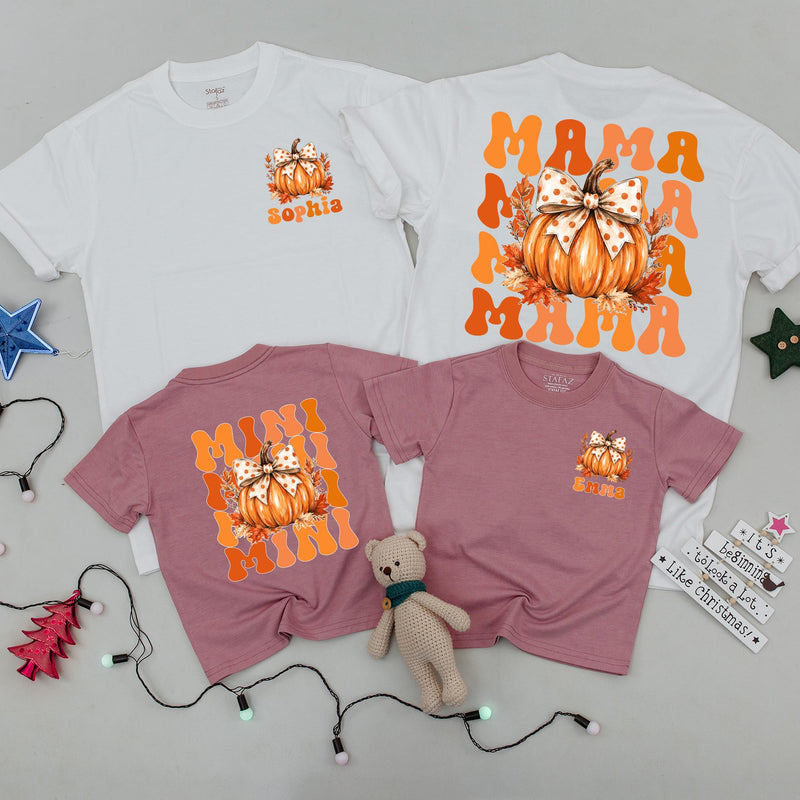 Personalized Mama and Mini Matching Pumpkin Shirts, Retro Fall Family Outfits, Soft Cotton Mommy and Me Thanksgiving Tees or Bodysuits