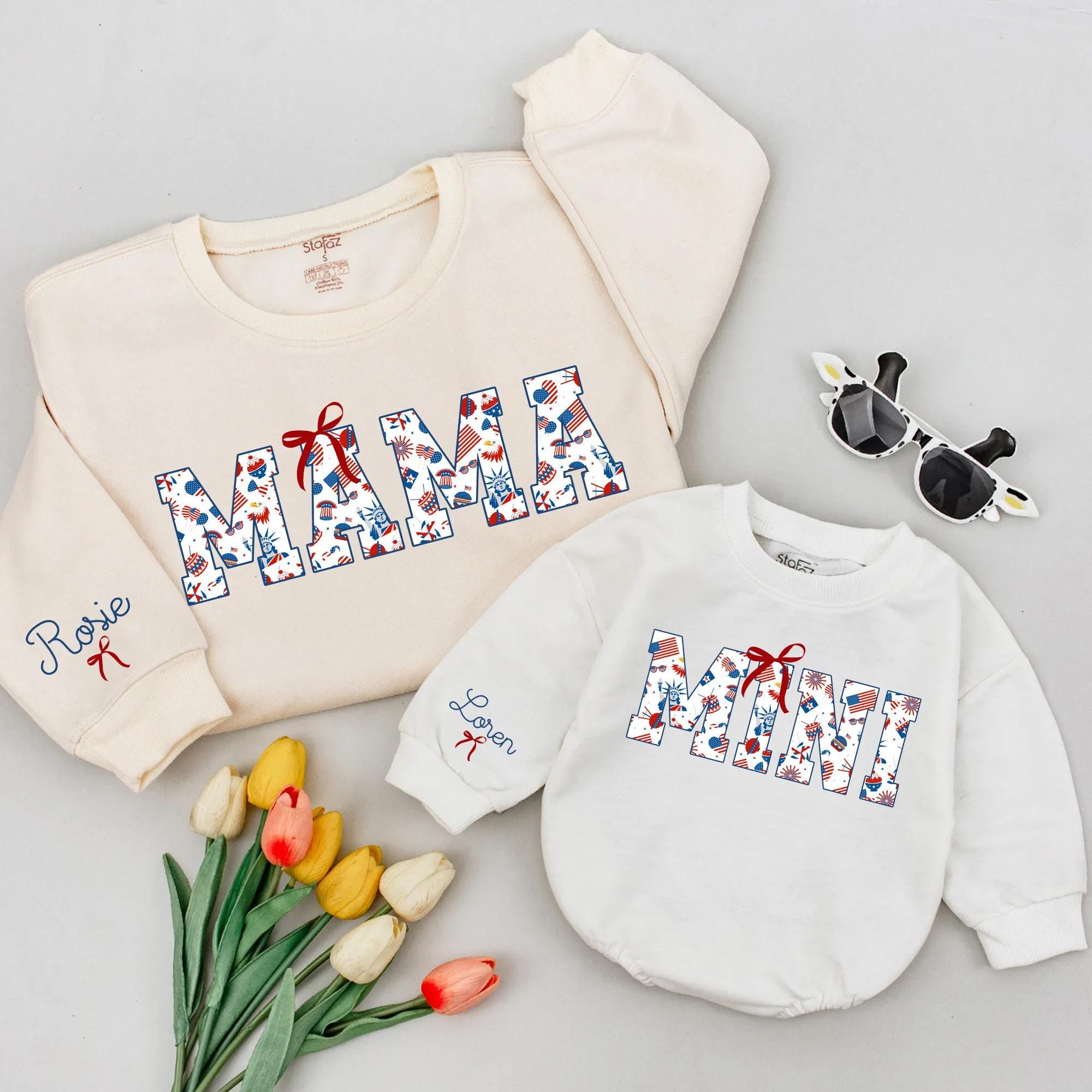 Personalized MAMA and MINI Matching Shirts with Red Bow Patriotic Design, Custom Name 4th of July Mom Daughter Outfit, Americana Holiday Gift