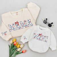 Personalized MAMA and MINI Matching Shirts with Red Bow Patriotic Design, Custom Name 4th of July Mom Daughter Outfit, Americana Holiday Gift