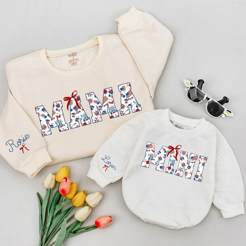 Personalized MAMA and MINI Matching Shirts with Red Bow Patriotic Design, Custom Name 4th of July Mom Daughter Outfit, Americana Holiday Gift