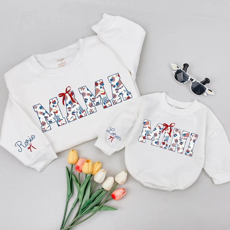 Personalized MAMA and MINI Matching Shirts with Red Bow Patriotic Design, Custom Name 4th of July Mom Daughter Outfit, Americana Holiday Gift