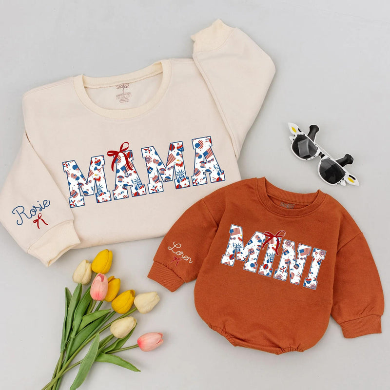 Personalized MAMA and MINI Matching Shirts with Red Bow Patriotic Design, Custom Name 4th of July Mom Daughter Outfit, Americana Holiday Gift