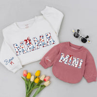 Personalized MAMA and MINI Matching Shirts with Red Bow Patriotic Design, Custom Name 4th of July Mom Daughter Outfit, Americana Holiday Gift