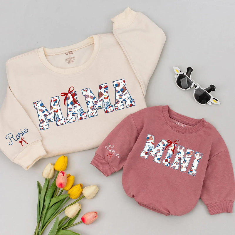 Personalized MAMA and MINI Matching Shirts with Red Bow Patriotic Design, Custom Name 4th of July Mom Daughter Outfit, Americana Holiday Gift