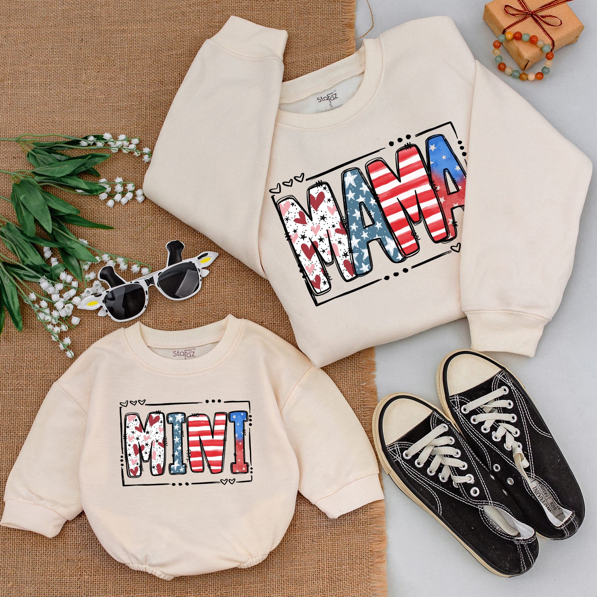 Personalized Mama and Mini Matching Sweatshirts Patriotic 4th of July Outfits Red White Blue Design Heart Motif Comfortable Mom Daughter Gift
