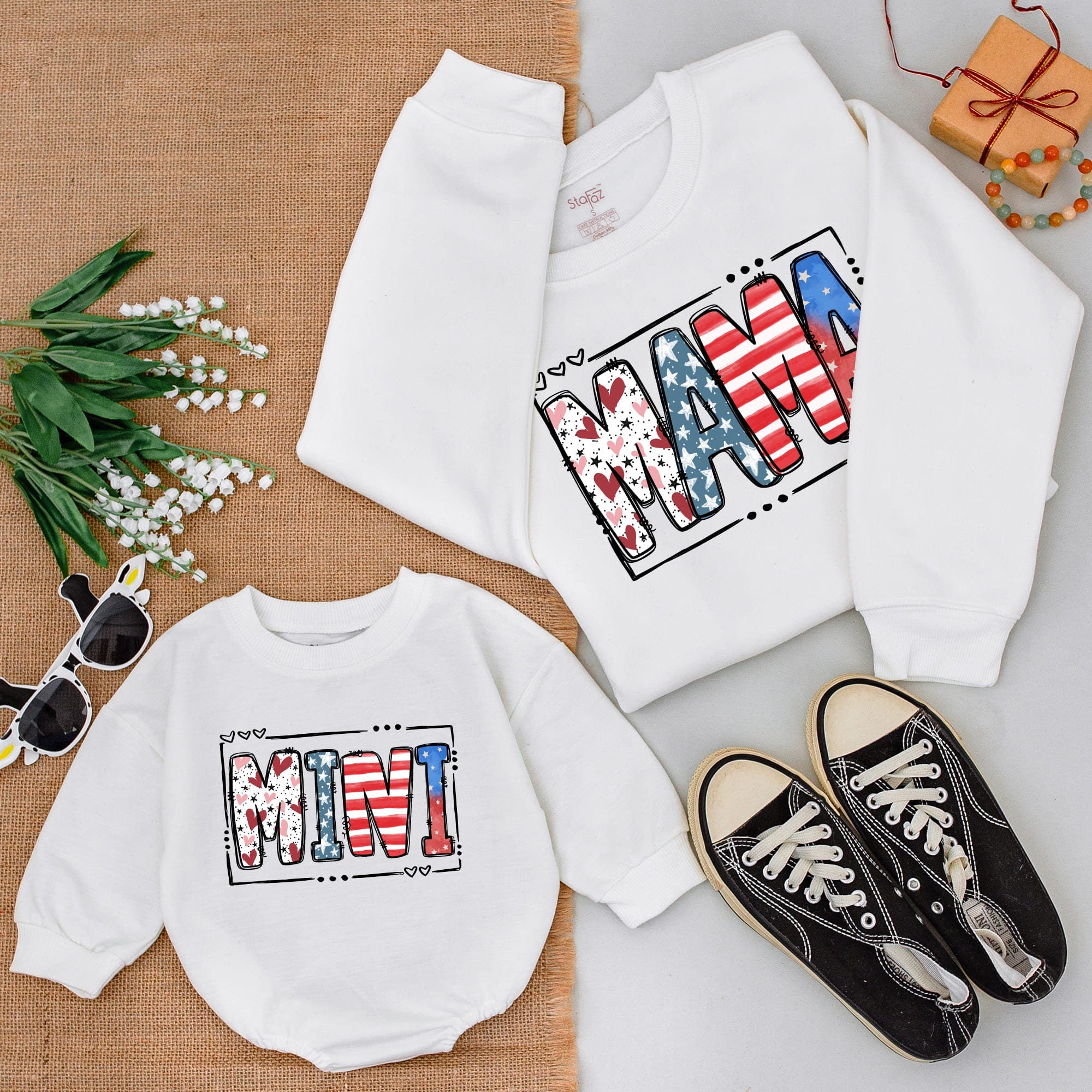 Personalized Mama and Mini Matching Sweatshirts Patriotic 4th of July Outfits Red White Blue Design Heart Motif Comfortable Mom Daughter Gift