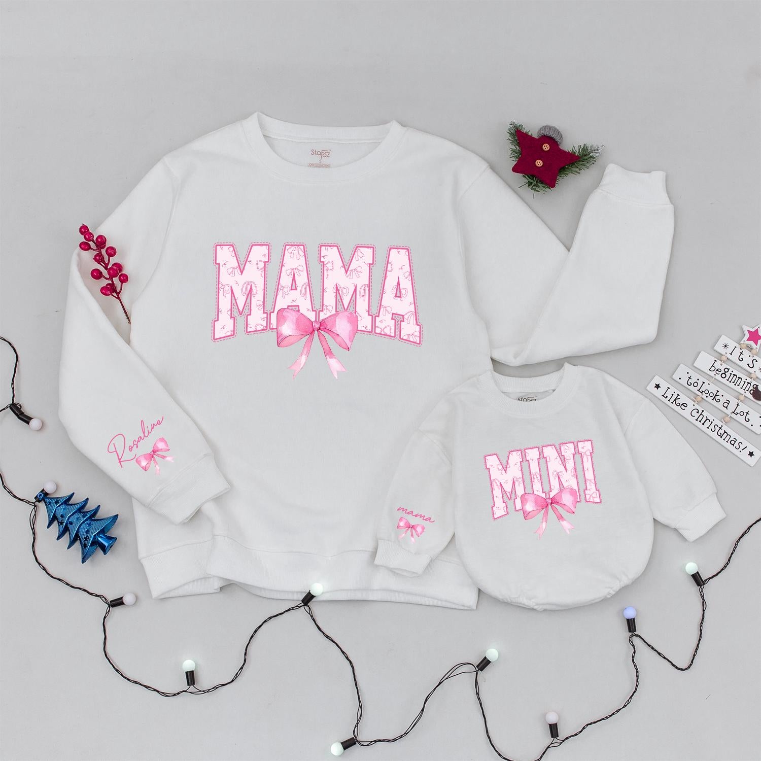 Personalized Mama Mini Matching Sweatshirts Pink Bow Design Mom Daughter Gift Cotton Comfortable Playful Family Outfit