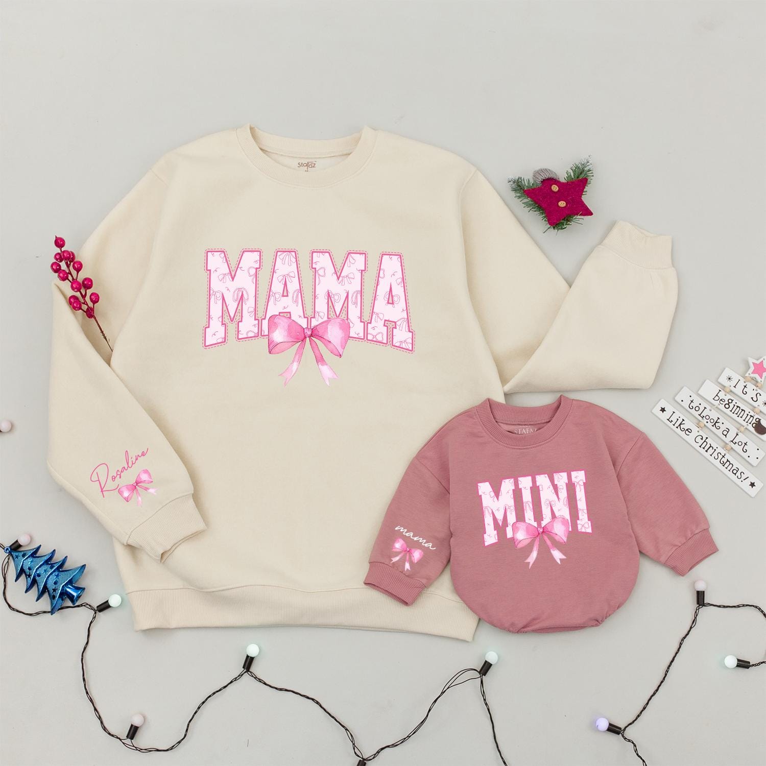 Personalized Mama Mini Matching Sweatshirts Pink Bow Design Mom Daughter Gift Cotton Comfortable Playful Family Outfit