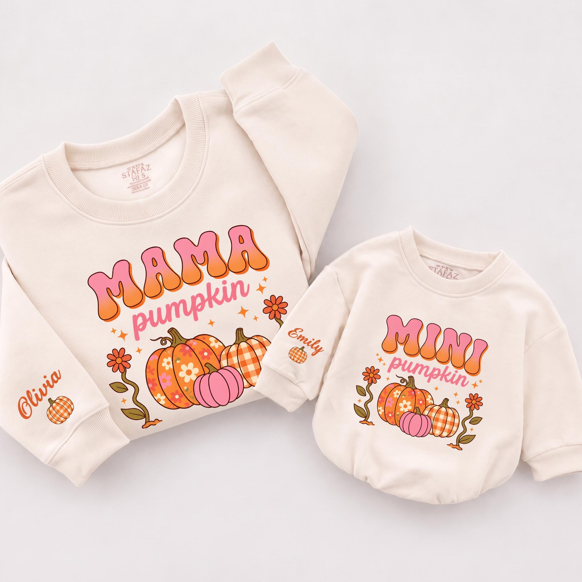 Personalized Mama and Mini Pumpkin Matching Sweatshirts, Retro Groovy Fall Family Outfits, Baby to 2XL, Soft Cotton for Pumpkin Patch