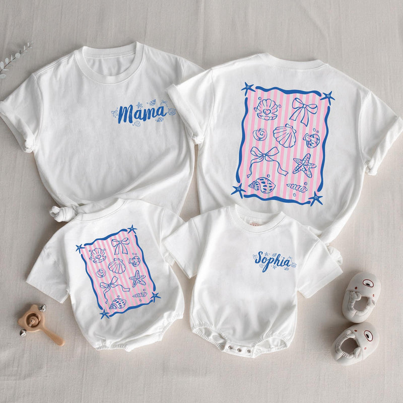 Personalized Mama and Mini Summer Shirts with Seashell Design, Matching Beach Outfits for Family Vacation, Custom Names Toddler Baby Tee