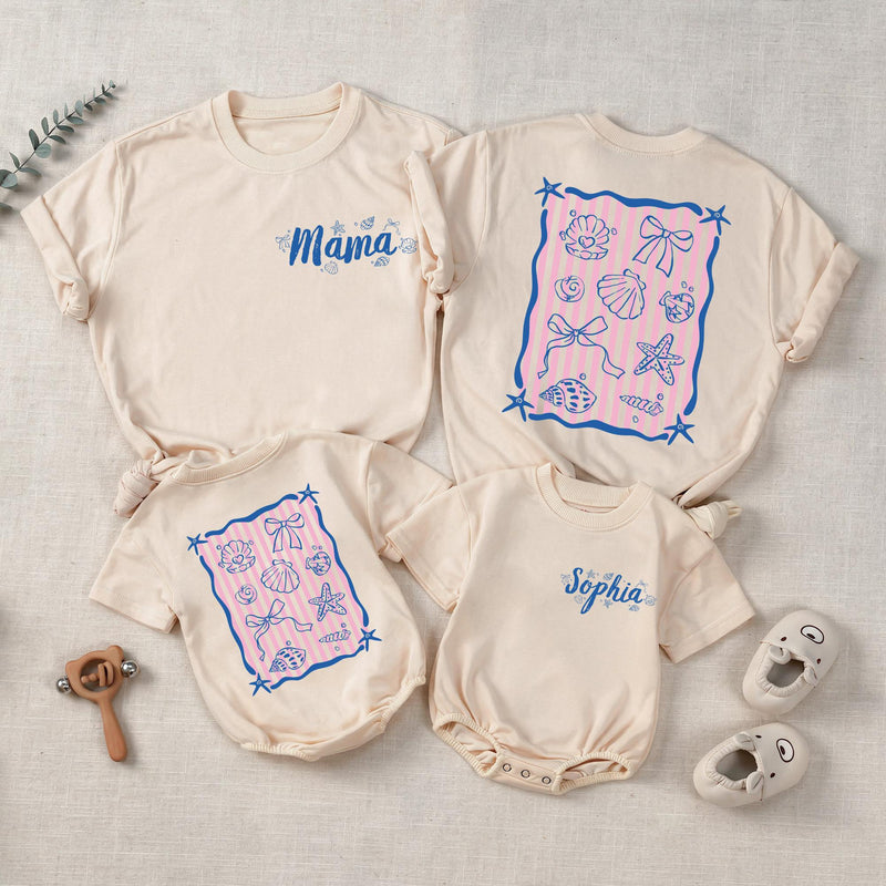 Personalized Mama and Mini Summer Shirts with Seashell Design, Matching Beach Outfits for Family Vacation, Custom Names Toddler Baby Tee