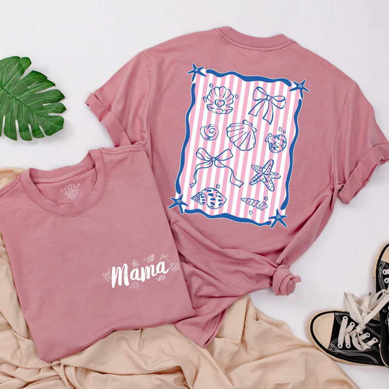 Personalized Mama and Mini Summer Shirts with Seashell Design, Matching Beach Outfits for Family Vacation, Custom Names Toddler Baby Tee