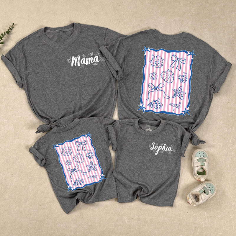 Personalized Mama and Mini Summer Shirts with Seashell Design, Matching Beach Outfits for Family Vacation, Custom Names Toddler Baby Tee