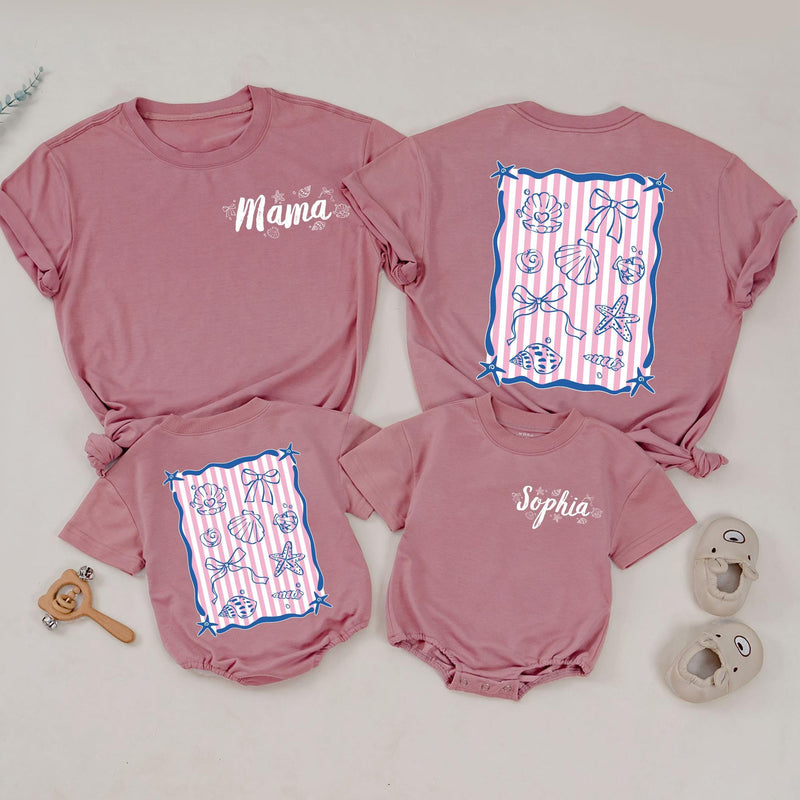 Personalized Mama and Mini Summer Shirts with Seashell Design, Matching Beach Outfits for Family Vacation, Custom Names Toddler Baby Tee