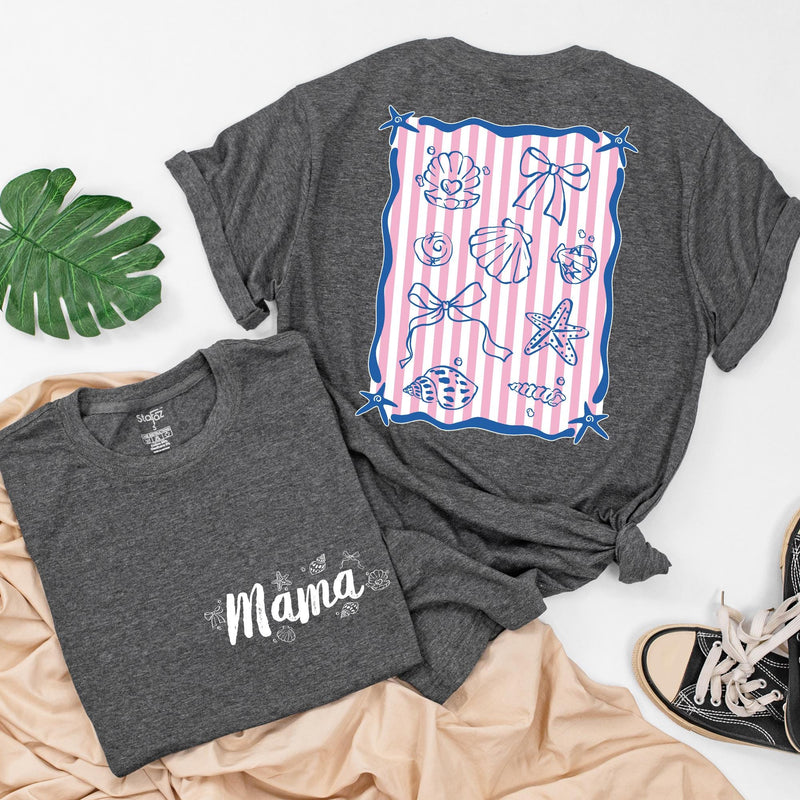 Personalized Mama and Mini Summer Shirts with Seashell Design, Matching Beach Outfits for Family Vacation, Custom Names Toddler Baby Tee