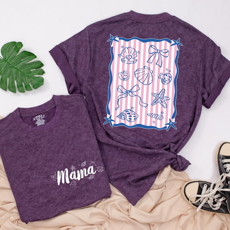 Personalized Mama and Mini Summer Shirts with Seashell Design, Matching Beach Outfits for Family Vacation, Custom Names Toddler Baby Tee