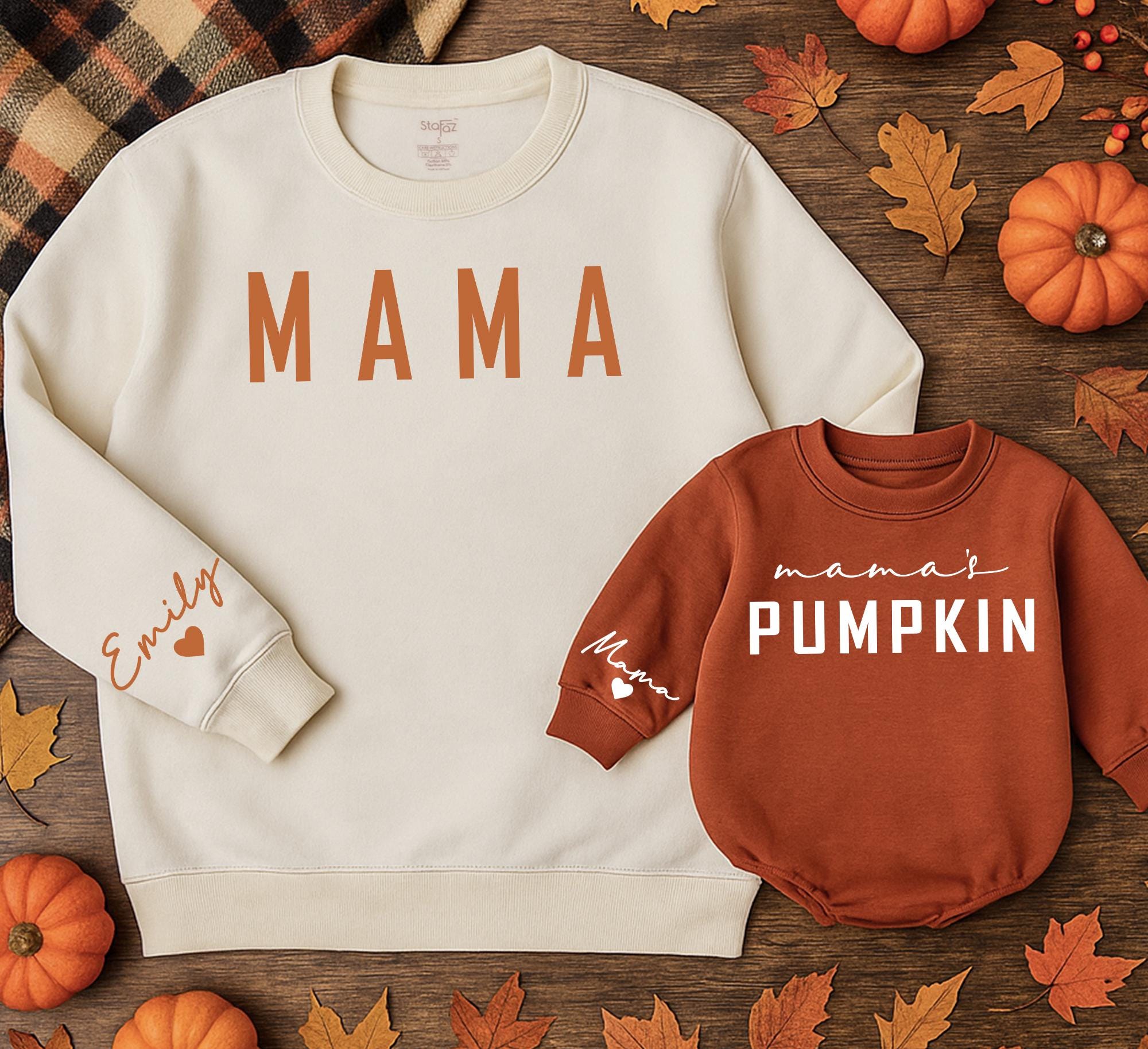Personalized Mama and Pumpkin Fall Sweatshirts Cozy Matching Mom Baby Outfit for Family Thanksgiving Cotton Comfortable Gift