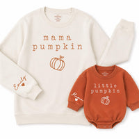 Personalized Mama Pumpkin Sweatshirt and Little Pumpkin Baby Romper Matching Fall Outfit for Mom and Infant Newborn to 2XL Gift Idea